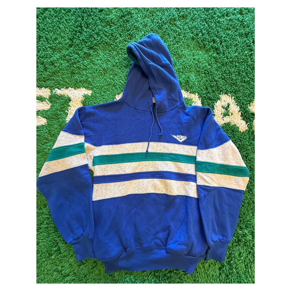 Pony Hoodie Sweatshirt Mens Small Blue Striped Excellent Vintage Style